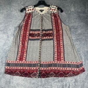 Lucky‎ Brand Womens 1X Sleeveless Boho Embroidered Tile Print Blouse Red Navy
